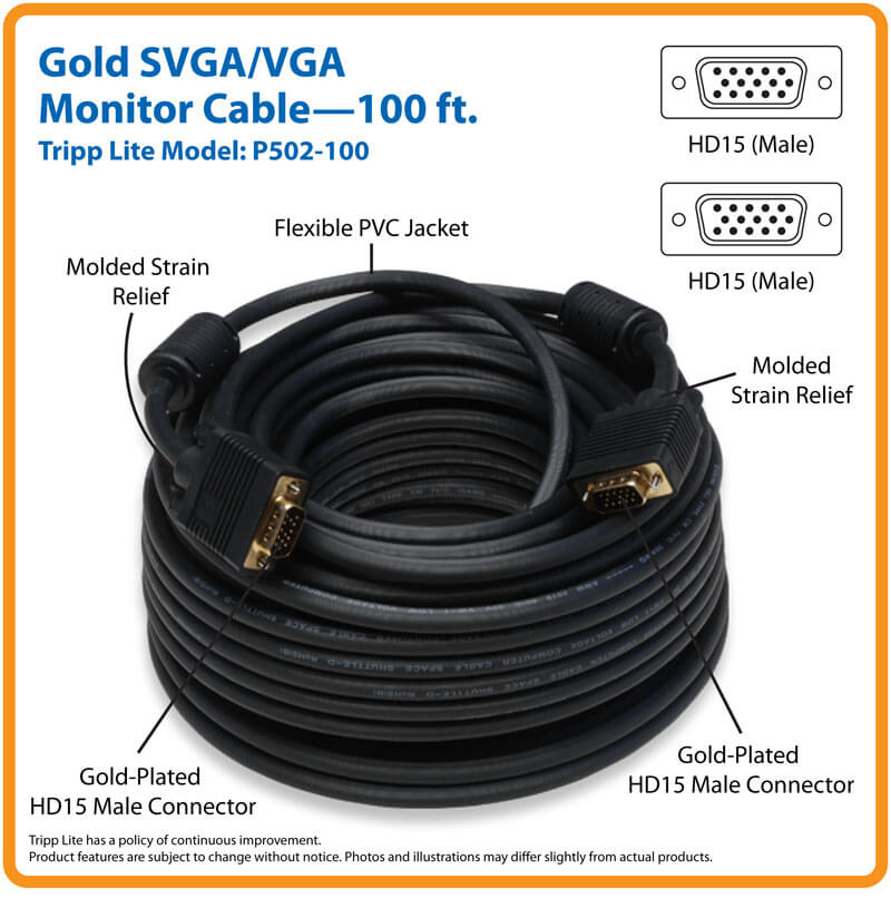 TRIPPLITE P502-100 VGA High-Resolution RGB Coaxial Cable HD15 M/M 30.5m - Image 2