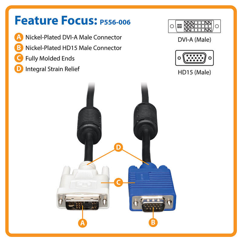 TRIPPLITE P556-006 DVI to VGA High-Resolution Adapter Cable (DVI-A to HD15 M/M), 1.8m - Image 2