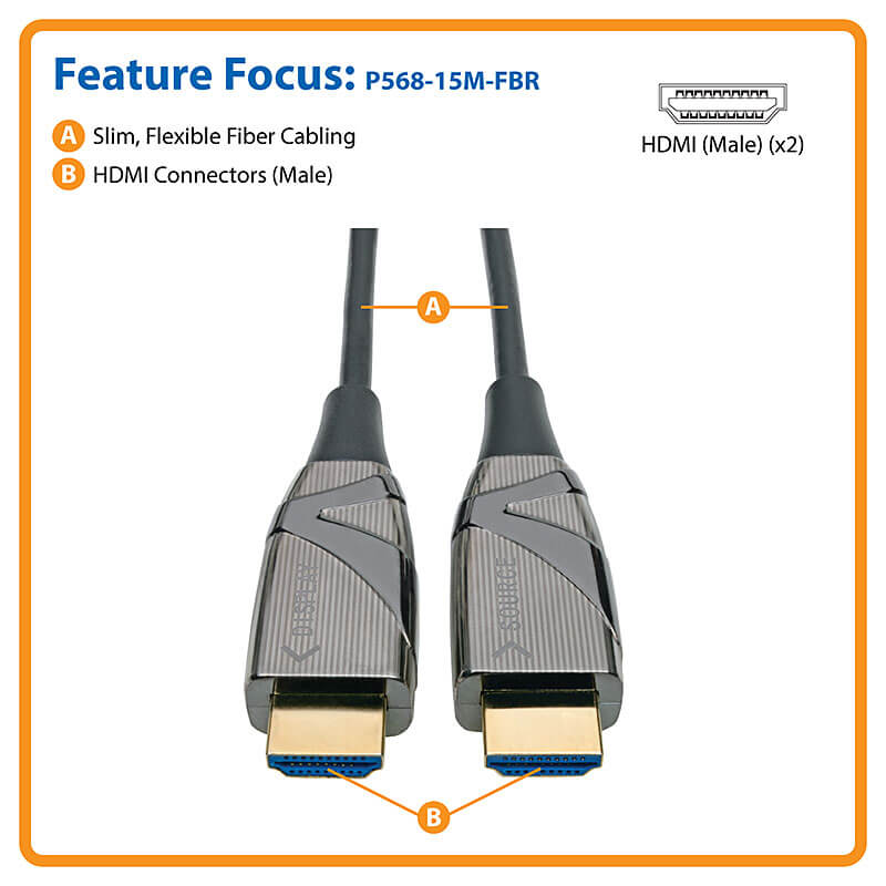 TRIPPLITE P568-15M-FBR 4K HDMI Fiber Active Optical Cable (AOC) - 4K 60 Hz, HDR, 4:4:4 (M/M) 15m - Image 3