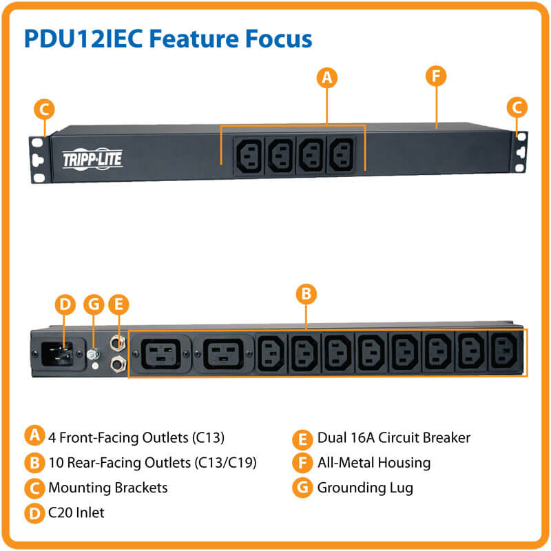 TRIPPLITE PDU12IEC Basic PDU, 14 Outlets (12 C13 & 2 C19), C20 16A Input, 1U Rack-Mount - Image 3