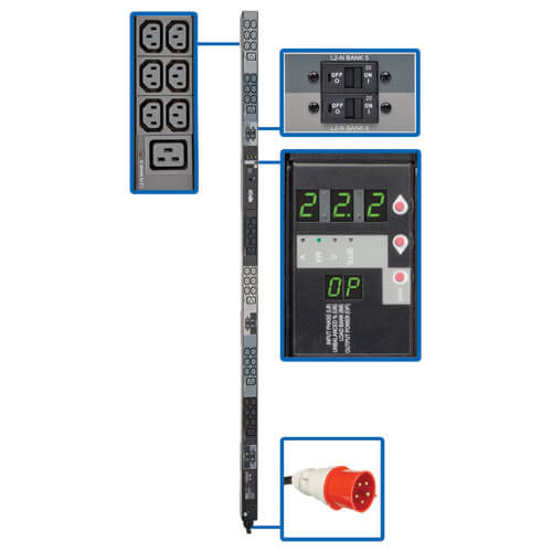 TRIPPLITE PDU3XMV6G32 3-Phase Local Metered PDU, 23kW, 42 208-240V outlets (36 C13, 6 C19), IEC309 32A Red (3P+N+E) 360-415V Input, 0u vertical - Image 7
