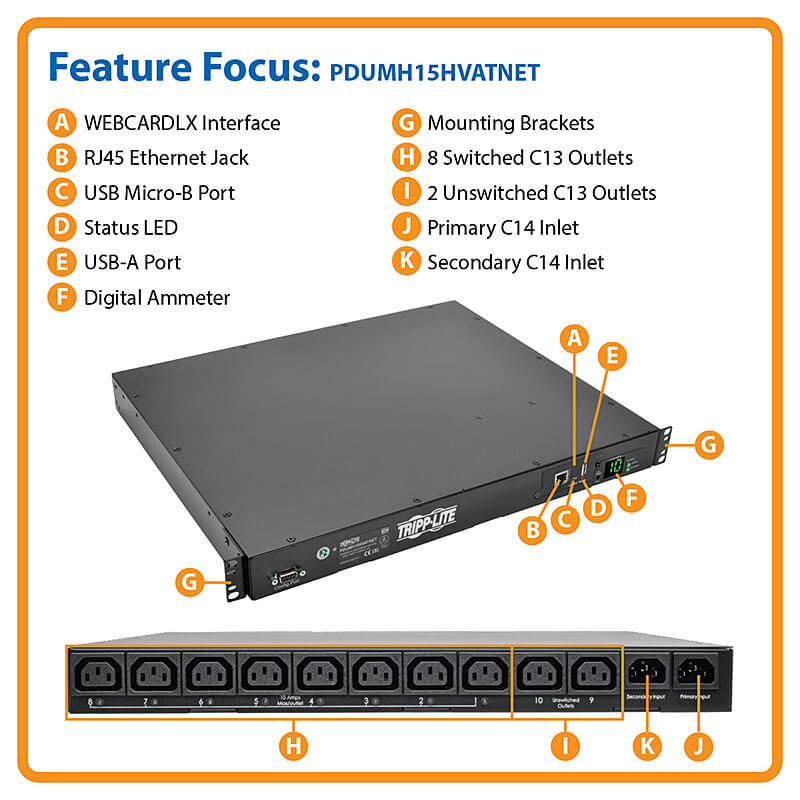 TRIPPLITE PDUMH15HVATNET 2.4kW Single-Phase Switched ATS PDU, Two 200-240V C14 Inlets, 10 C13 Outputs, 1U - Image 8