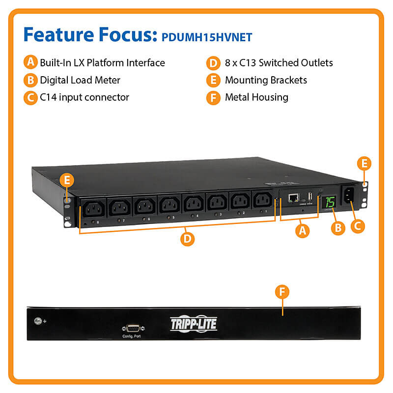 TRIPPLITE PDUMH15HVNET 2.5kW Single-Phase 208/230V Switched PDU 8 C13 Outlets, C14 Input 2m Cord, 1U Rack-Mount - Image 5