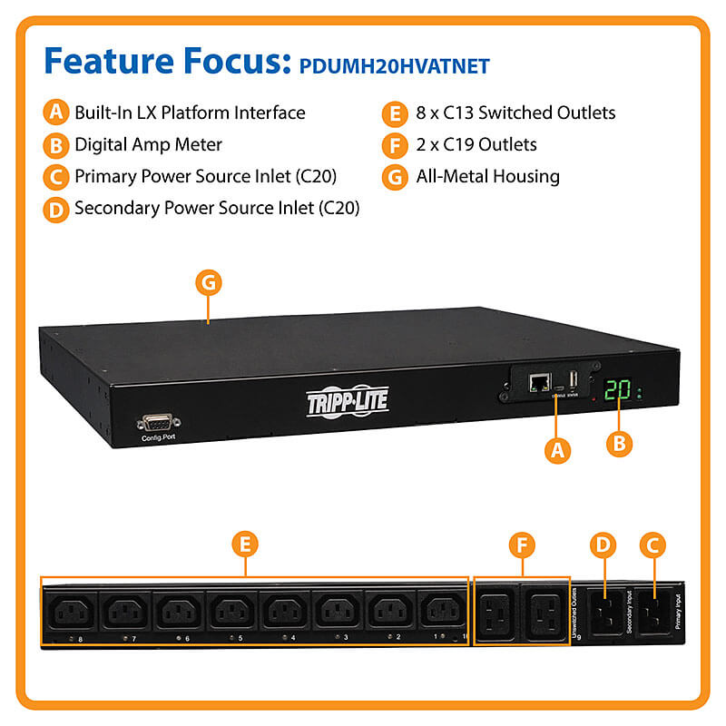 TRIPPLITE PDUMH20HVATNET 3.8kW Single-Phase Switched ATS PDU, Two 200-240V C20 Inlets, 8 C13 & 2 C19 Outputs 1U - Image 7