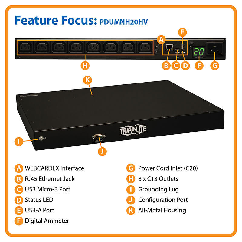 TRIPPLITE PDUMNH20HV Monitored PDU 8 C13 Outlets, C20 Input with L6-20P Adapter, 2.4m Cord, 1U Rack-Mount - Image 4