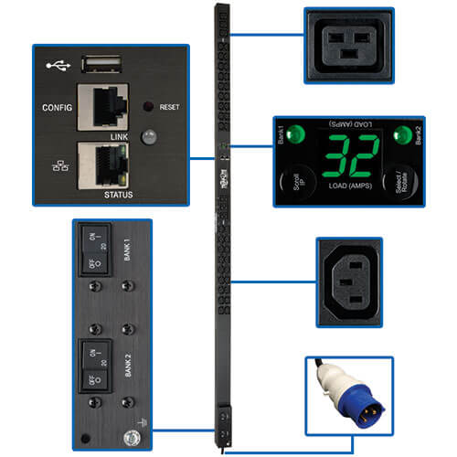 TRIPPLITE PDUMNV32HV2LX Monitored PDU200-240V Outlets (36 C13/6 C19), IEC 309 32A Blue, 10 ft. (3.05 m) Cord, 0U 1.8m/70 in.