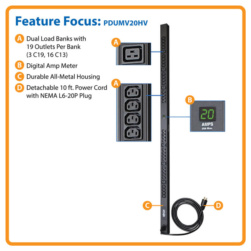 TRIPPLITE PDUMV20HV LOCAL Metered PDU, 208/230V Outlets (6-C19 & 32-C13 ) C20/L6-20P Cable 10 ft. (3.05 m) Cord, 0U Vertical - Image 3