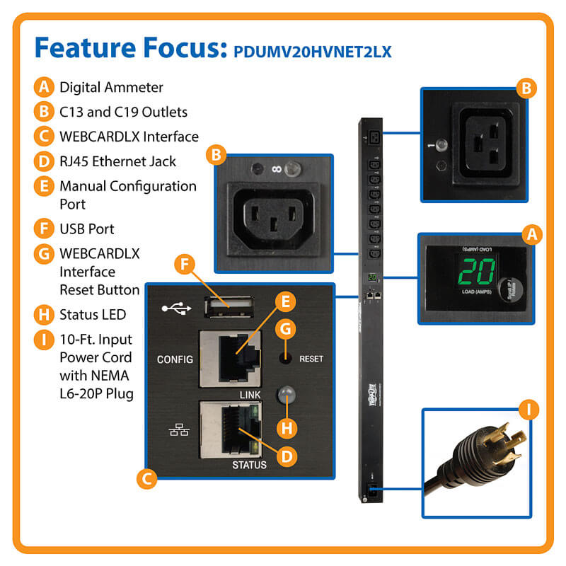 TRIPPLITE PDUMV20HVNET2LX 3.7kW Single-Phase 208/230V Switched PDU - 7 C13, 1 C19 Outlets, C20 / L6-20P Inputs - Image 7