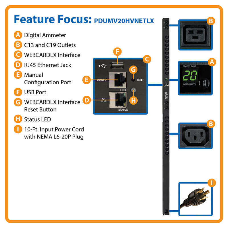 TRIPPLITE PDUMV20HVNETLX 3.7kW Single-Phase Switched PDU - LX Interface, 208/230V Outlets (20 C13 & 4 C19), C20/L6-20P - Image 6