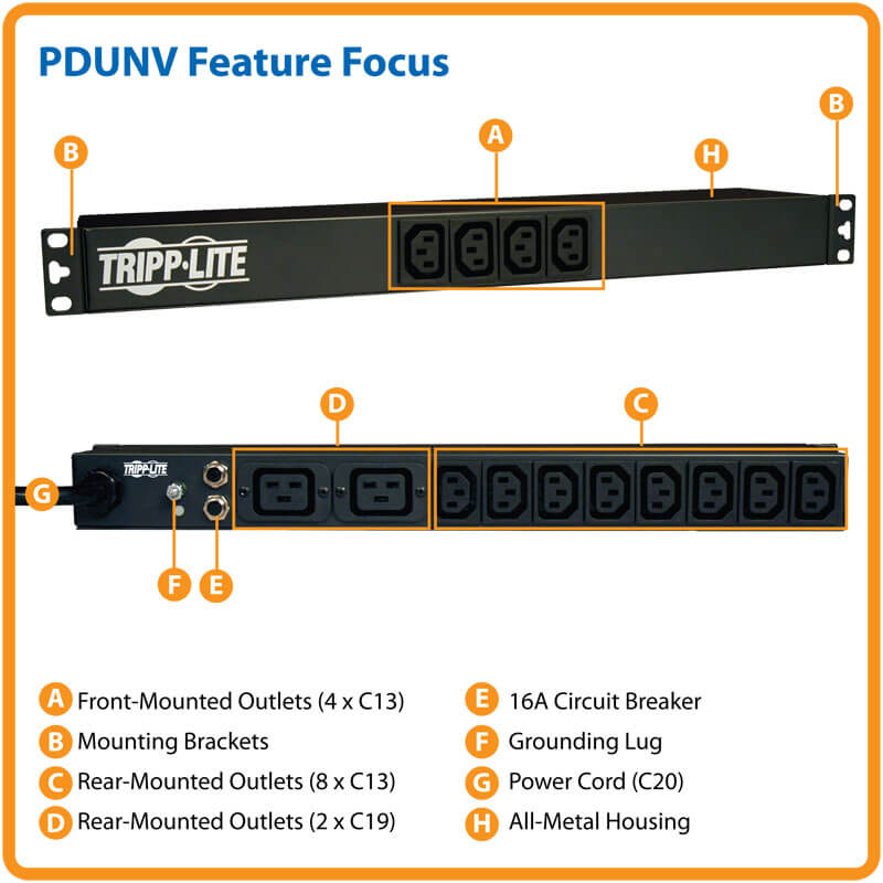 TRIPPLITE PDUNV PDU, 14 Outlets (12 C13 & 2 C19), C20 with 5 Adapters, 10 ft. (3.05 m) Cord, 1U Rack-Mount - Image 4