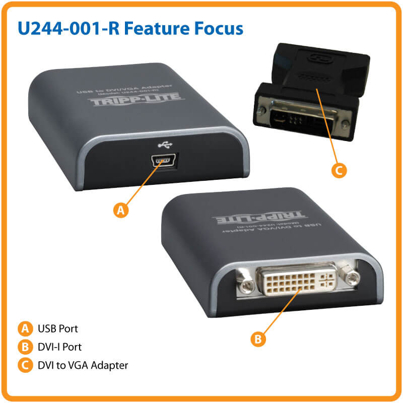 TRIPPLITE U244-001-R USB 2.0 to DVI/VGA External Multi-Monitor Video Card, 128 MB SDRAM, 1920 x 1080 (1080p) @ 60 Hz - Image 6