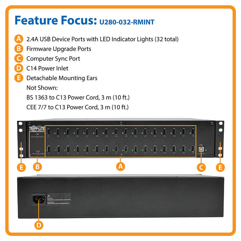 TRIPPLITE U280-032-RMINT 32-Port USB Charging Station with Syncing, 230V, 5V 80A (400W) USB Charger Output, 2U Rack-Mount - Image 8