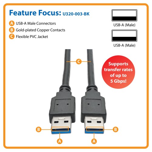 TRIPPLITE U320-003-BK USB 3.0 SuperSpeed A/A Cable (M/M), Black, 0.91m - Image 4