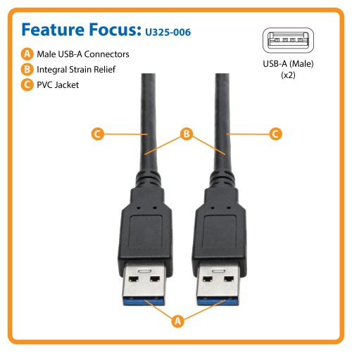 TRIPPLITE U325-006 USB 3.0 SuperSpeed A/A Cable for USB 3.0 All-in-One Keystone/Panel Mount Couplers (M/M), Black, 1.83m - Image 4