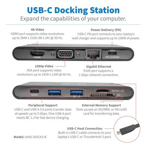 TRIPPLITE U442-DOCK3-B USB-C Dock - 4K HDMI, VGA, USB 3.2 Gen 1, USB-A/C Hub, GbE, Memory Card, 100W PD Charging - Image 3