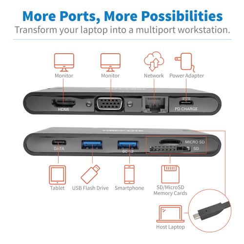 TRIPPLITE U442-DOCK3-B USB-C Dock - 4K HDMI, VGA, USB 3.2 Gen 1, USB-A/C Hub, GbE, Memory Card, 100W PD Charging - Image 4