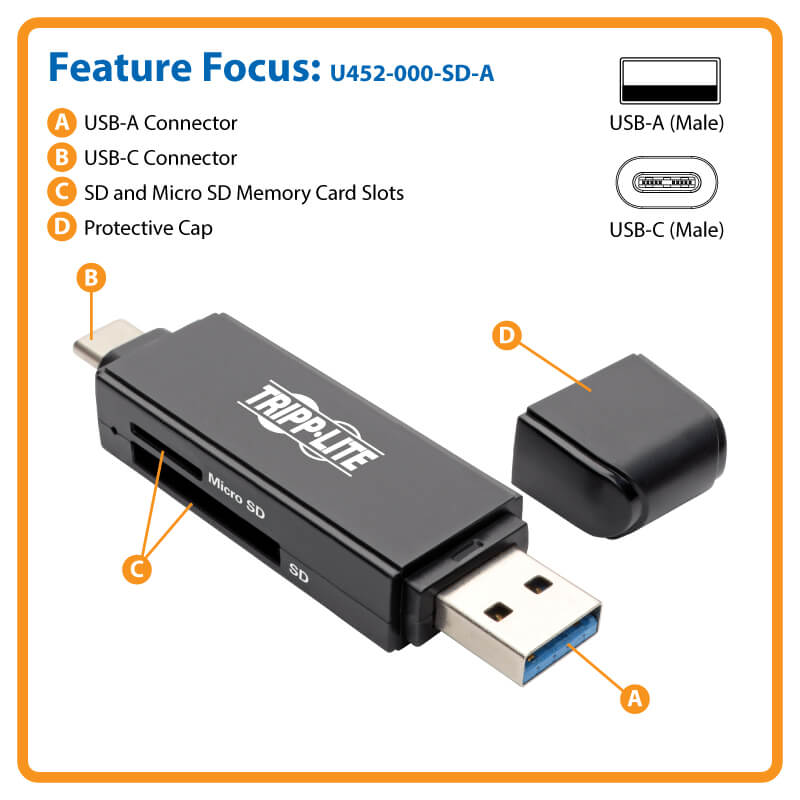 TRIPPLITE U452-000-SD-A USB-C Memory Card Reader, 2-in-1 USB-A/USB-C, USB 3.1 Gen 1 - Image 5