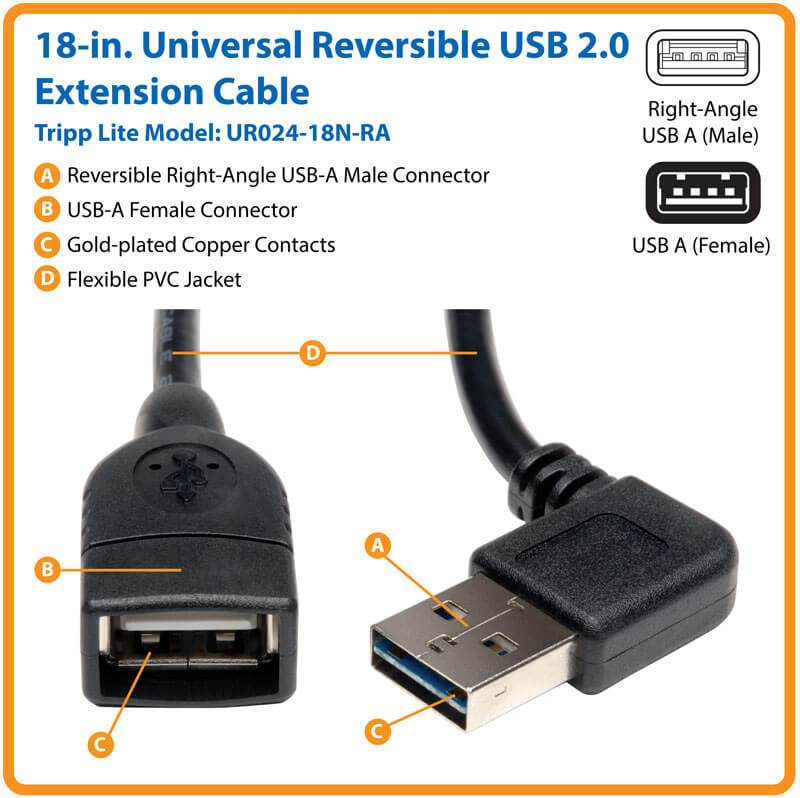 TRIPPLITE UR024-18N-RA Universal Reversible USB 2.0 Extension Cable (Reversible Right/Left-Angle A to A M/F), 45.72cm - Image 2