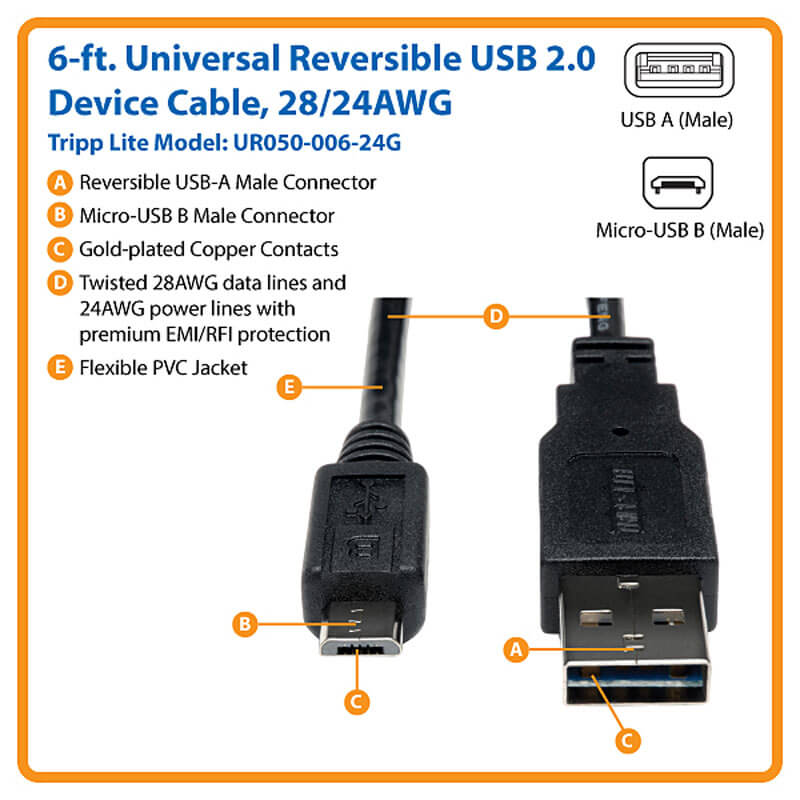 TRIPPLITE UR050-006-24G Universal Reversible USB 2.0 Cable, 28/24AWG (Reversible A to 5Pin Micro B M/M), 1.83m - Image 2