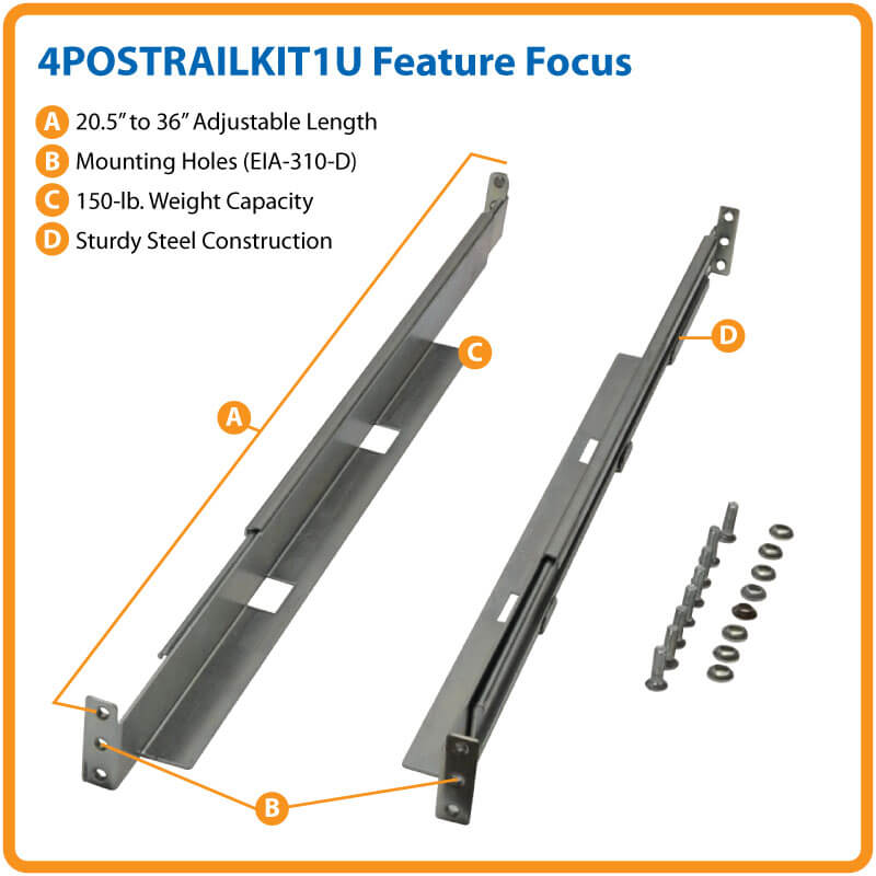 TRIPPLITE 4POSTRAILKIT1U 4-Post 1U Universal Adjustable Rack-Mount Shelf Kit - Image 3