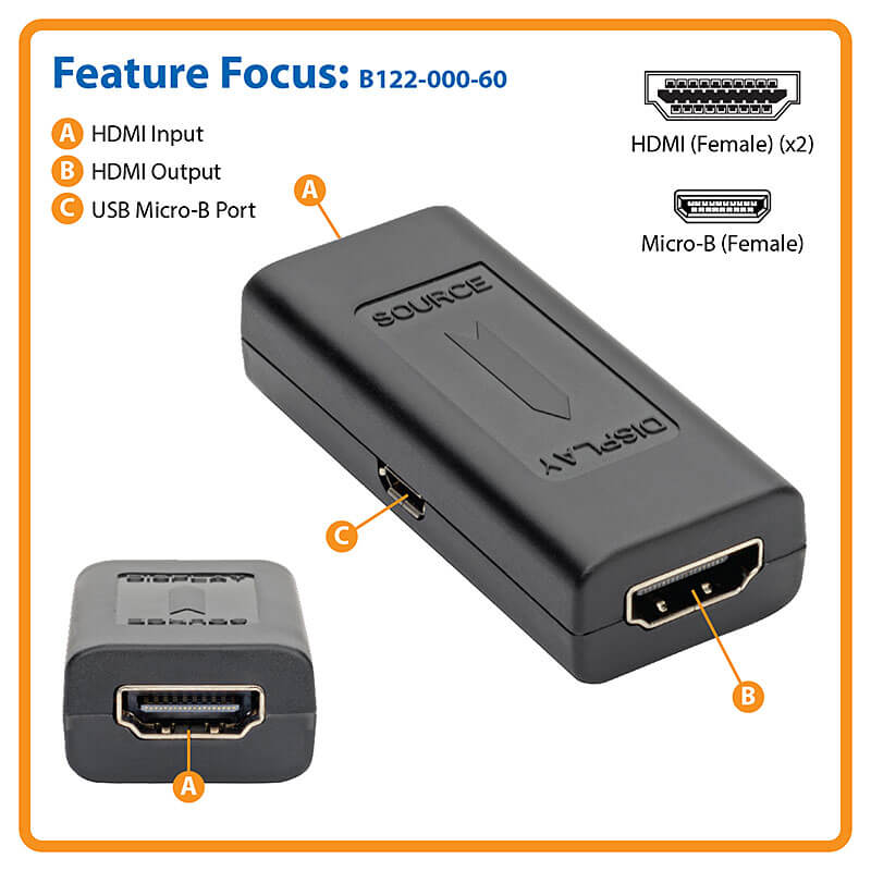 TRIPPLITE B122-000-60 HDMI Signal Booster / Extender, 1920 x 1200 (1080p) 60Hz, Up to 38 m (HDMI F/F) - Image 5