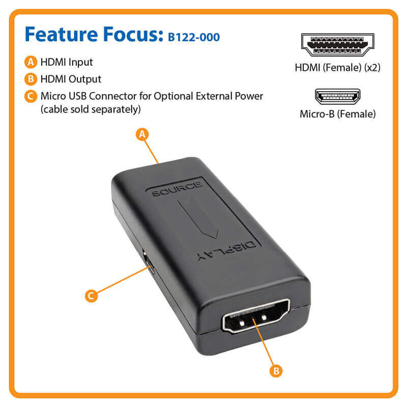 TRIPPLITE B122-000 HDMI Signal Booster / Extender, 1920 x 1200 (1080p) 24Hz, Up to 150 ft. (45 m), (HDMI F/F) - Image 4