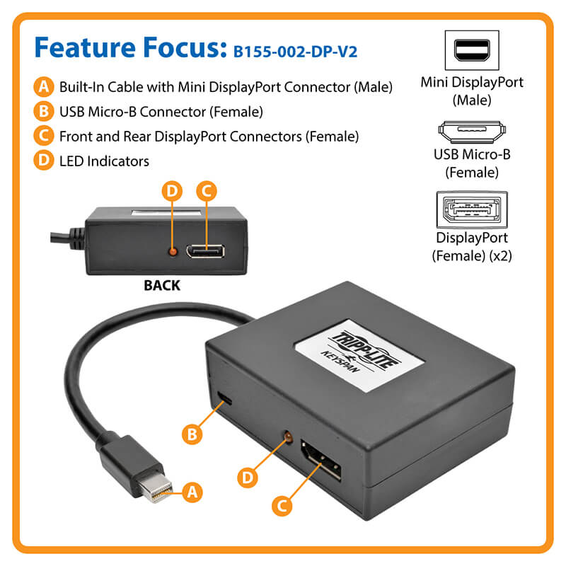 TRIPPLITE B155-002-DP-V2 2-Port Mini DisplayPort to DisplayPort Multi-Monitor Splitter, MST Hub, 4K 60Hz UHD - Image 8