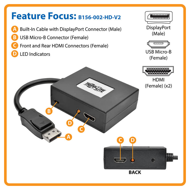 TRIPPLITE B156-002-HD-V2 2-Port DisplayPort to HDMI Multi-Monitor Splitter MST Hub 4K 60Hz UHD DP1.2 - Image 10