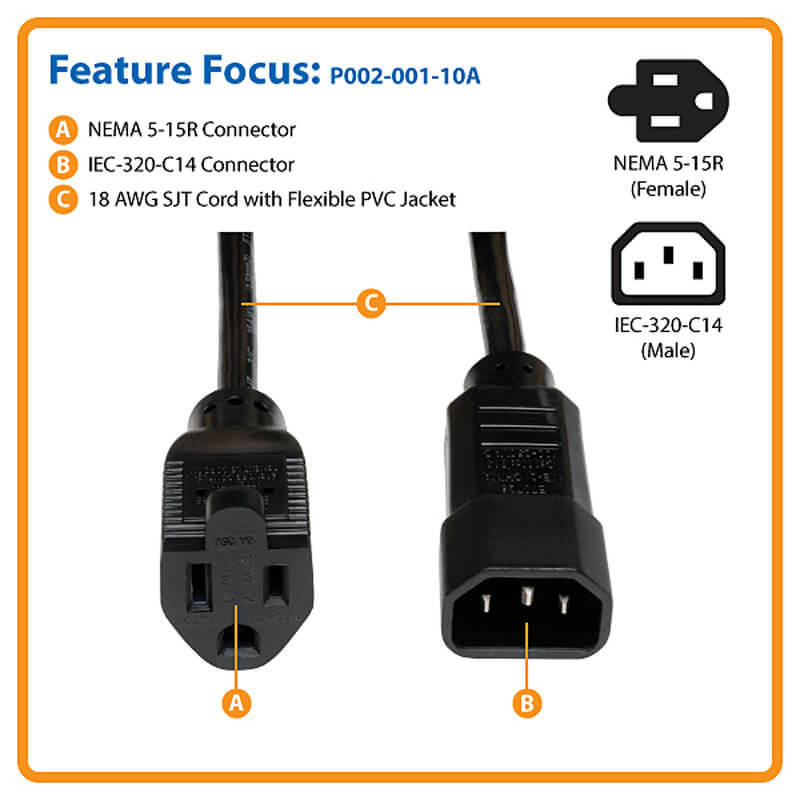 TRIPPLITE P002-001-10A NEMA 5-15R to C14 Computer AC Power Cable - 10A, 125V, 18 AWG, 0.31m Black - Image 5