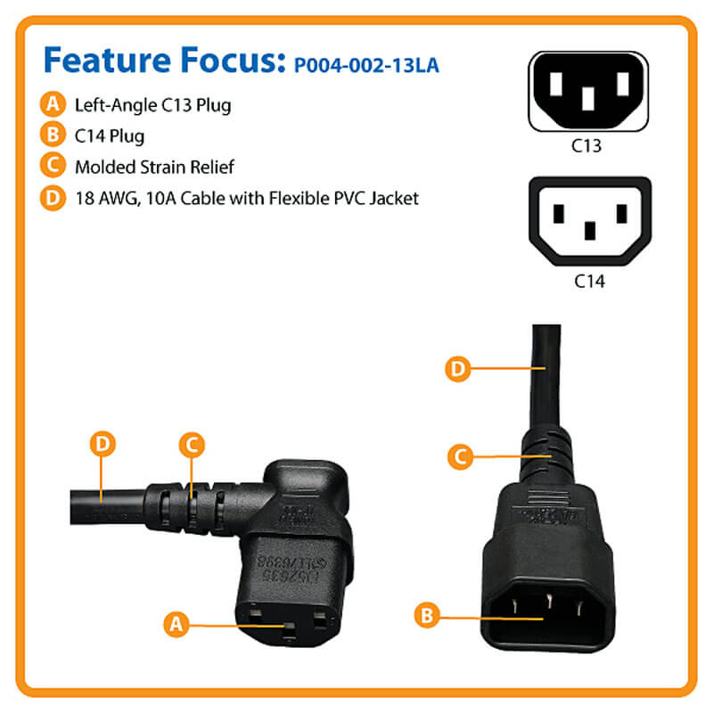 TRIPPLITE P004-002-13LA Power Extension Cord, Left-Angle C13 to C14 PDU Style - 10A, 250V, 18 AWG, 0.61 m Black - Image 5