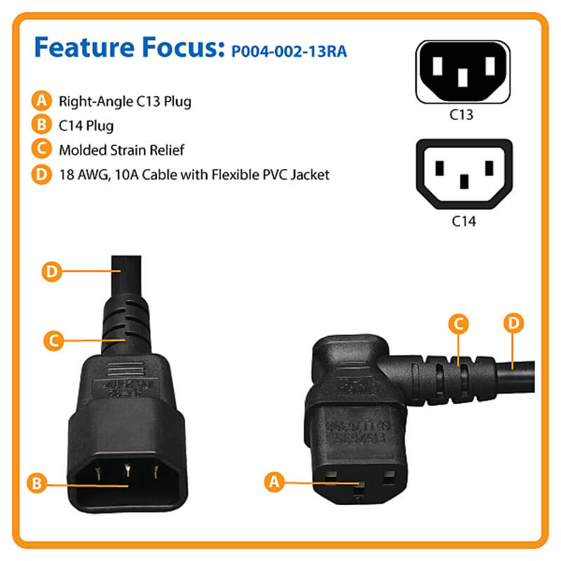 TRIPPLITE P004-002-13RA Power Extension Cord, Right-Angle C13 to C14 PDU Style - 10A, 250V, 18 AWG, 0.61 m Black - Image 5