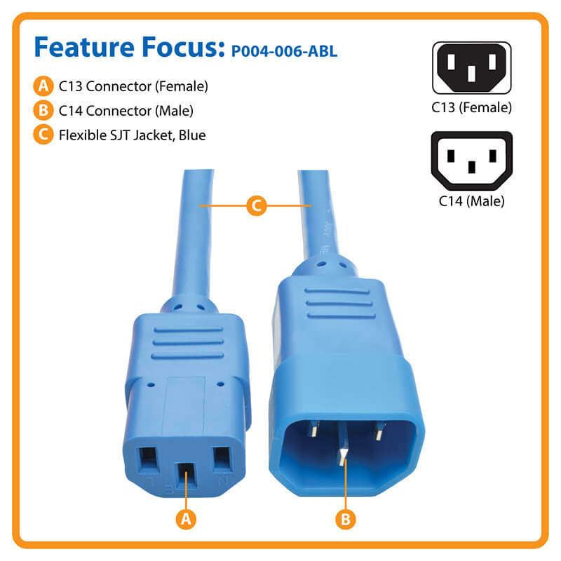 TRIPPLITE P004-006-ABL PDU Power Cord, C13 to C14 - 10A, 250V, 18 AWG, 1.83m Blue - Image 6