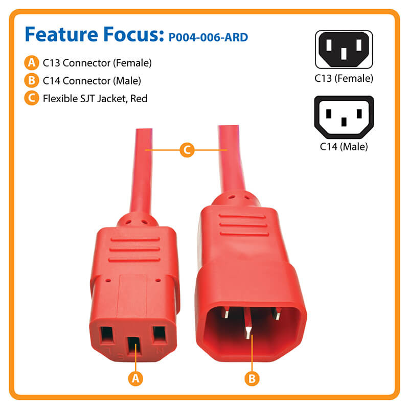 TRIPPLITE P004-006-ARD PDU Power Cord, C13 to C14 - 10A, 250V, 18 AWG, 1.83m Red - Image 6