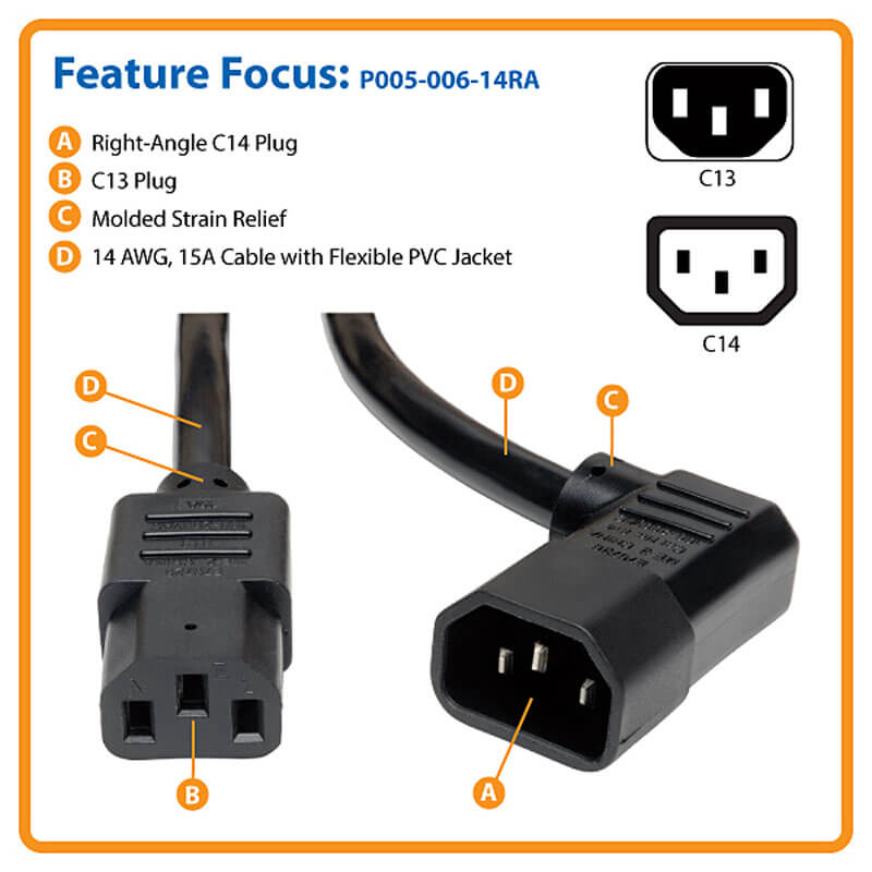 TRIPPLITE P005-006-14RA PDU Power Cord, C13 to Right-Angle C14 - 15A, 250V, 14 AWG, 1.83m Black - Image 5