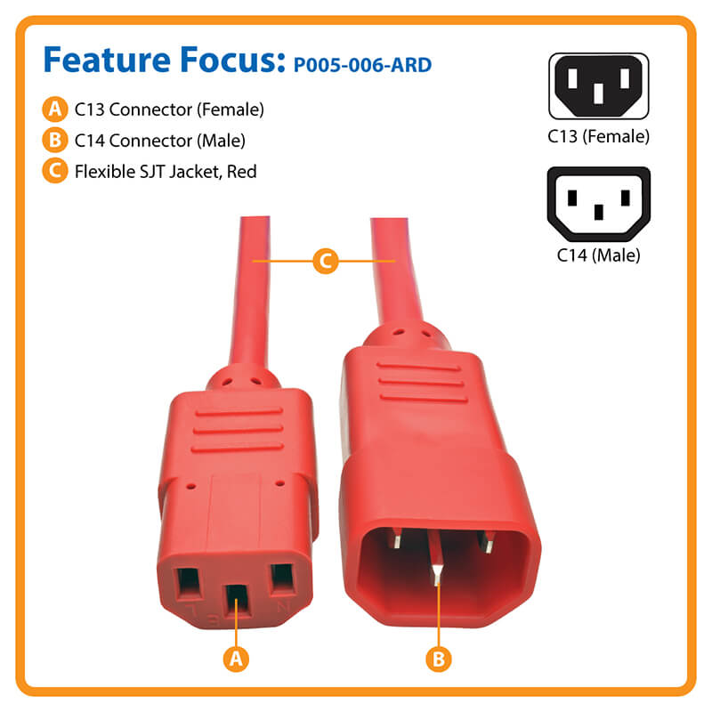 TRIPPLITE P005-006-ARD PDU Power Cord, C13 to C14 - 15A, 250V, 14 AWG, 1.83m Red - Image 6