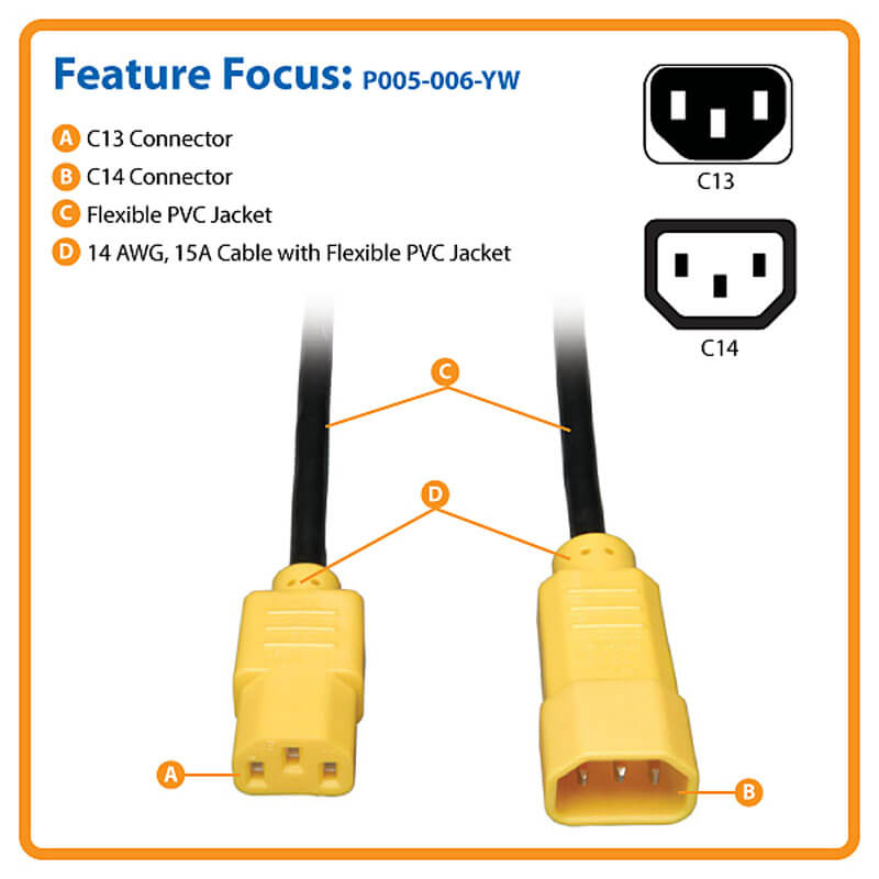 TRIPPLITE P005-006-YW PDU Power Cord, C13 to C14 - 15A, 250V, 14 AWG, 1.83m Yellow Plugs - Image 5