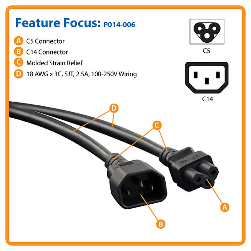 TRIPPLITE P014-006 Laptop Power Adapter Cord, C14 to C5 Adapter - 2.5A, 250V, 18 AWG, 1.83m Black - Image 5