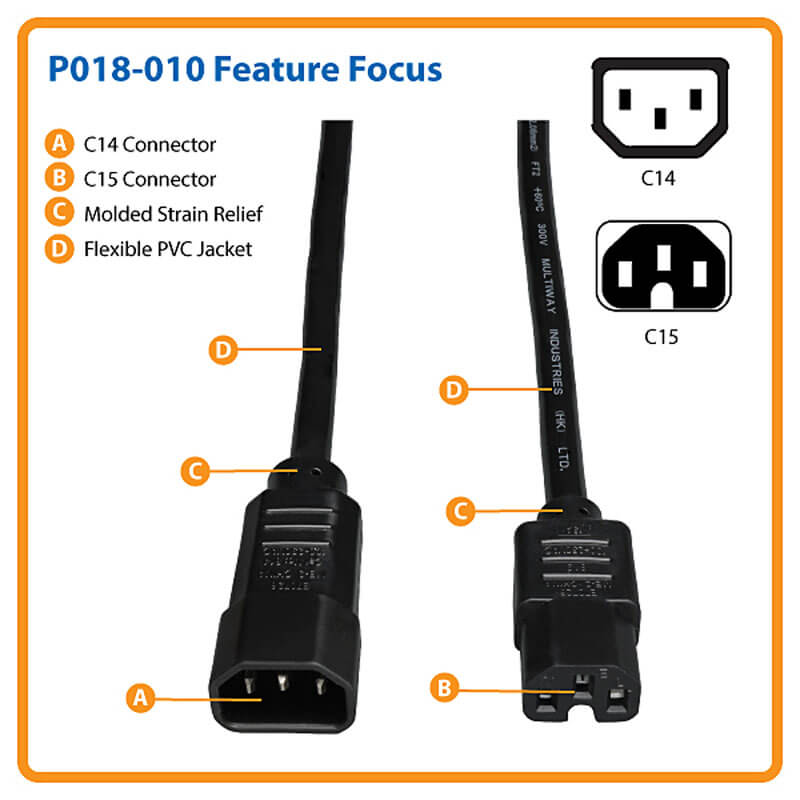 TRIPPLITE P018-010 Power Cord C14 to C15 - Heavy-Duty, 15A, 250V, 14 AWG, 3.05 m Black - Image 5