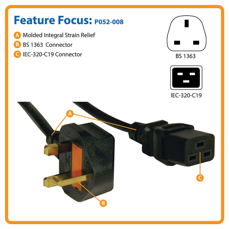 TRIPPLITE P052-008 UK Computer Power Cord, C19 to BS1363, 13A, 250V, 16 AWG, 2.43m Black - Image 5