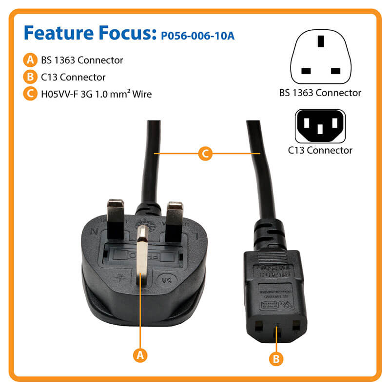 TRIPPLITE P056-006-10A UK Computer Power Cord, BS1363 to C13 - 10A, 250V, 18 AWG, 1.83m Black - Image 2