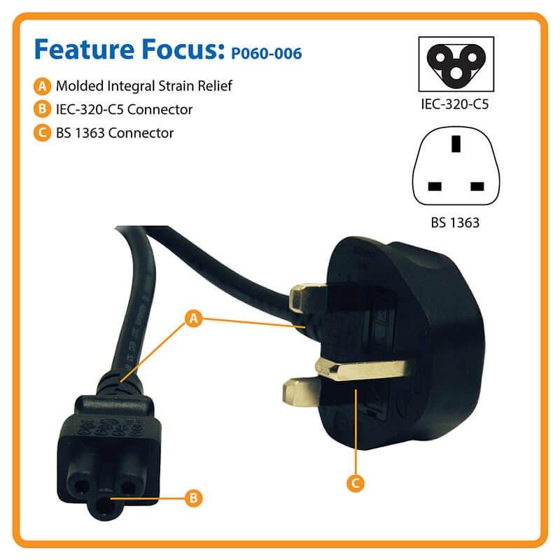 TRIPPLITE P060-006 UK Computer Power Cord - BS1363 to C5, 2.5A, 250V, 18 AWG, 1.83m Black - Image 5