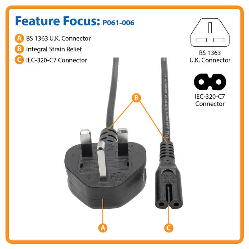 TRIPPLITE P061-006 UK Computer Power Cord - BS1363 to C7, 2.5A, 250V, 18 AWG, 1.83m Black - Image 4