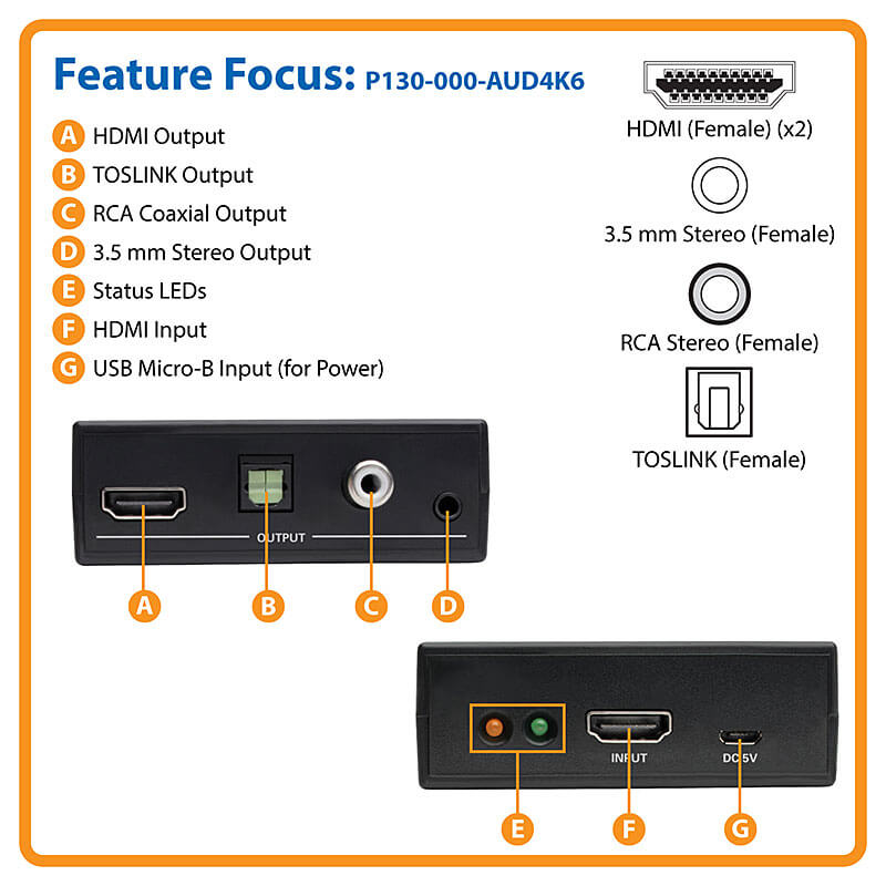 TRIPPLITE P130-000-AUD4K6 4K HDMI Audio Extractor with TOSLINK, RCA and 3.5 mm Stereo Output, 7.1 Channel, 4K 60 Hz, HDR - Image 6