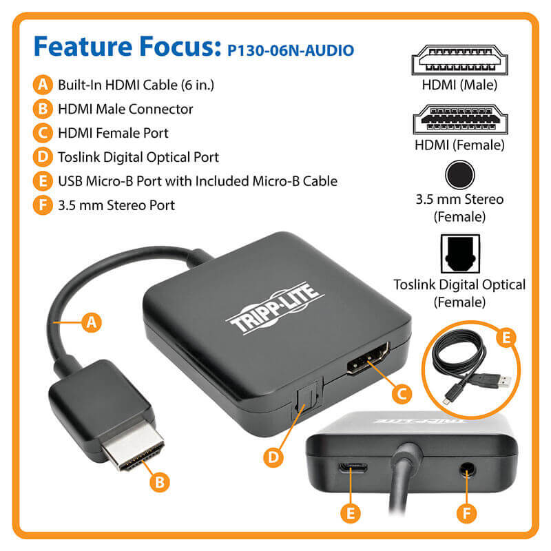 TRIPPLITE P130-06N-AUDIO 4K HDMI Audio De-Embedder/Extractor with TOSLINK and 3.5 mm Stereo Output, 5.1 Channel, HDCP, 4K 30Hz, 15.24 cm - Image 7