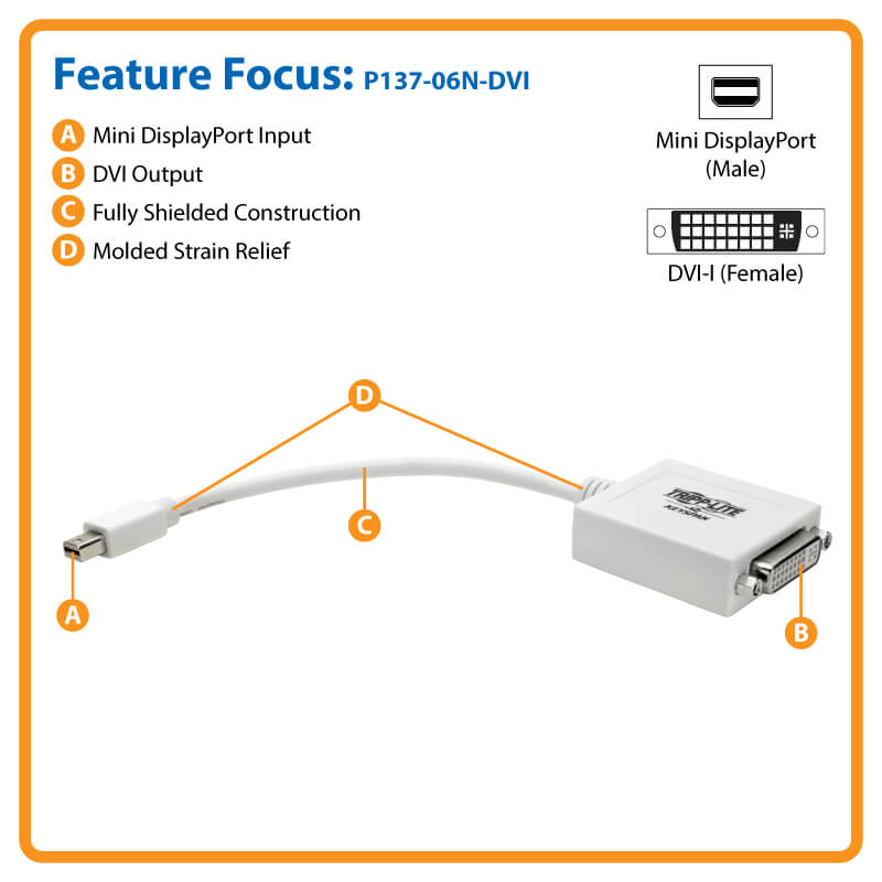 TRIPPLITE P137-06N-DVI Keyspan Mini DisplayPort to DVI Adapter, Video Converter for Mac/PC, White (M/F), 15.24cm - Image 4