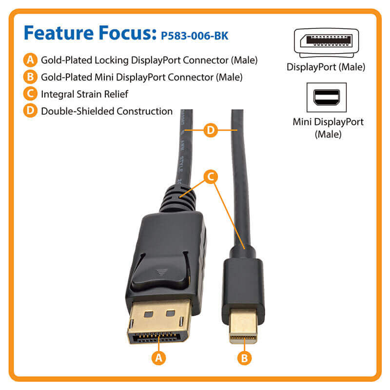 TRIPPLITE P583-006-BK Mini DisplayPort to DisplayPort Adapter Cable (M/M)Black 1.8m - Image 4