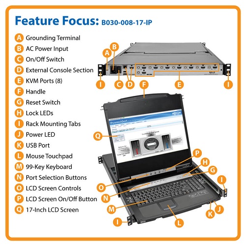 TRIPPLITE B030-008-17-IP NetDirector 8-Port 1U Rack-Mount Console HDMI KVM Switch with 17" LCD and IP Remote Access, Dual Rail - Image 6